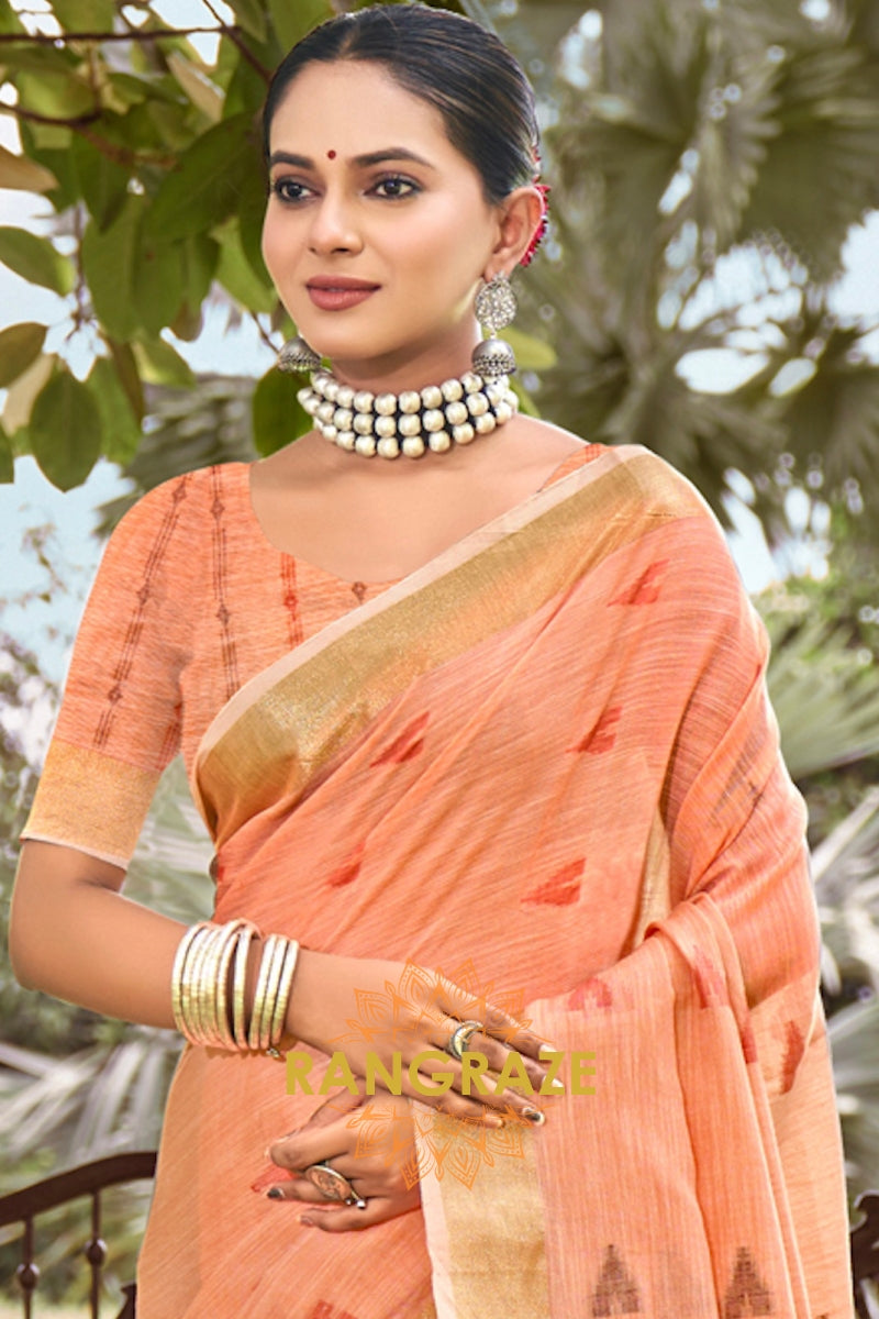 Orange Woven Zari Border Pallu Linen Saree