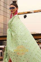 Sea Green White Zari Woven Banarasi Cotton Saree