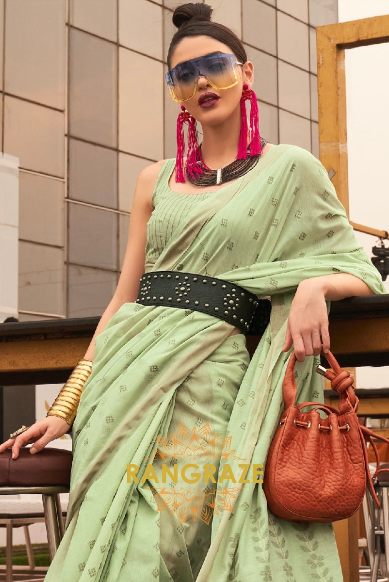 Sea Green White Zari Woven Banarasi Cotton Saree