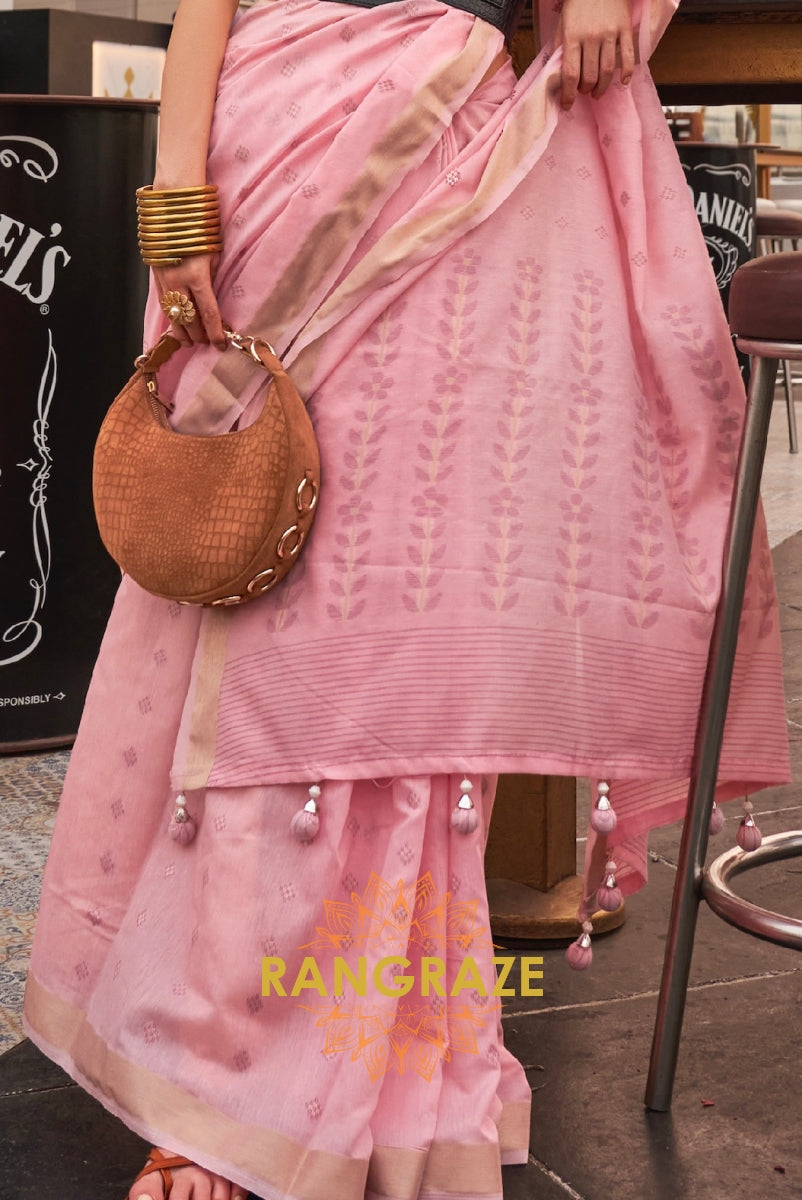 Pink White Zari Woven Banarasi Cotton Saree