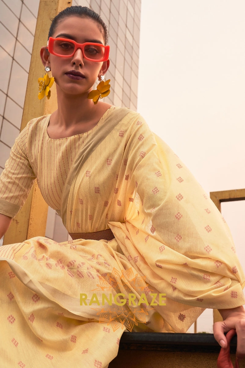 Yellow White Zari Woven Banarasi Cotton Saree