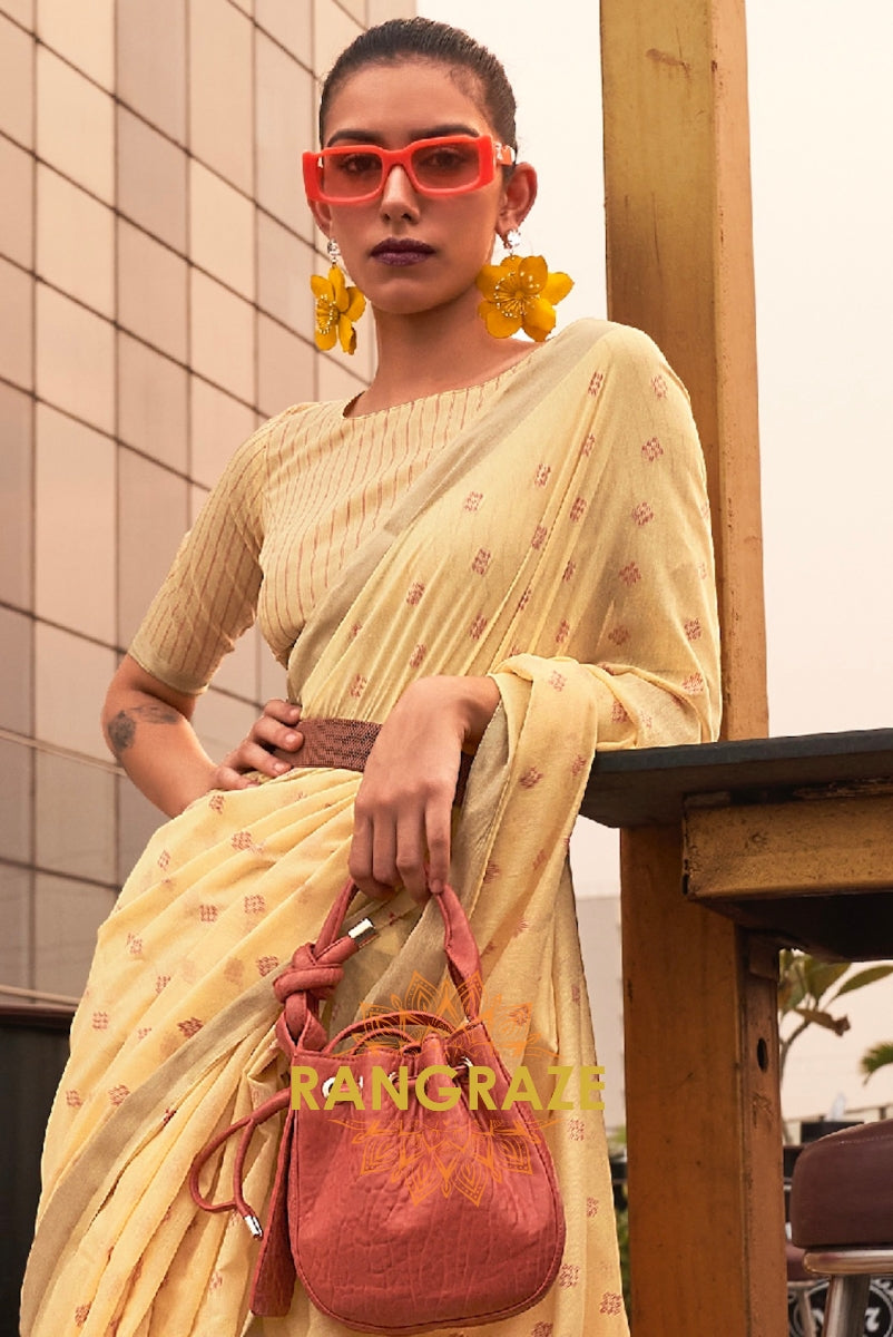 Yellow White Zari Woven Banarasi Cotton Saree