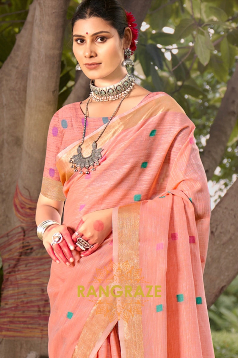 Peach Contrast Border Woven Linen Saree