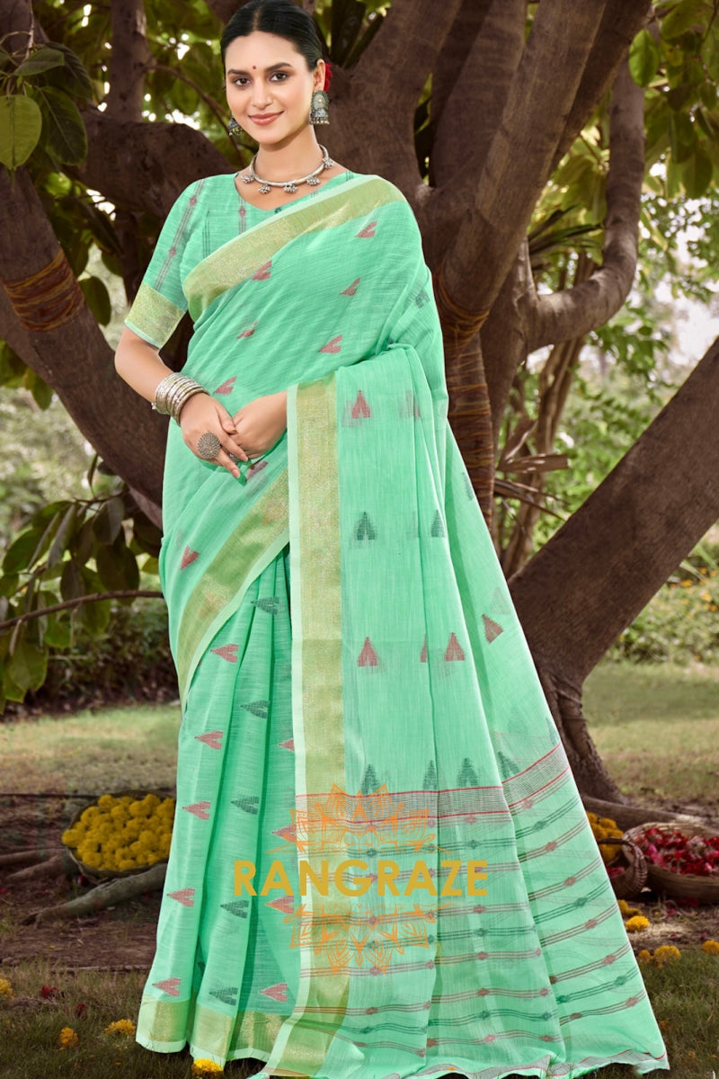 Turquoise Woven Zari Border Pallu Linen Saree