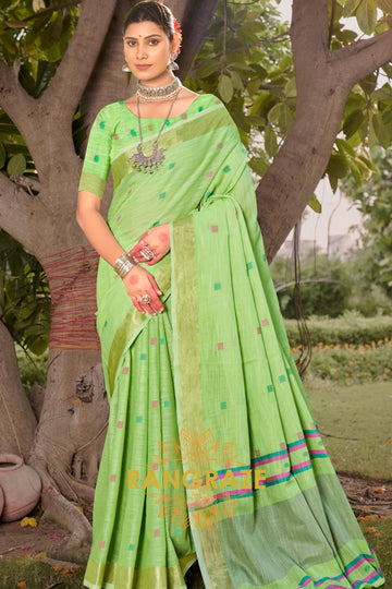 Green Contrast Border Woven Linen Saree