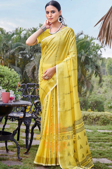 Yellow Woven Zari Border Linen Saree