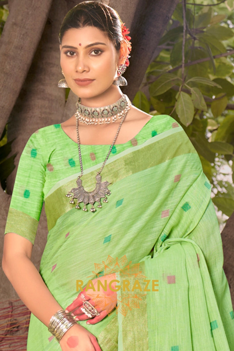 Green Contrast Border Woven Linen Saree