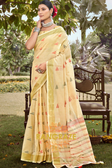 Beige Woven Zari Border Pallu Linen Saree