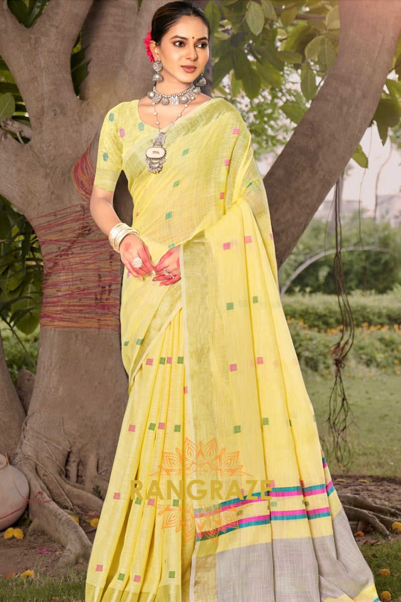 Yellow Contrast Border Woven Linen Saree