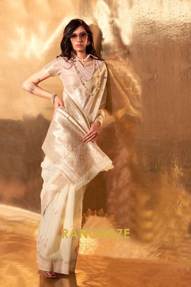 Ivory White Handwoven Linen Banaras Saree