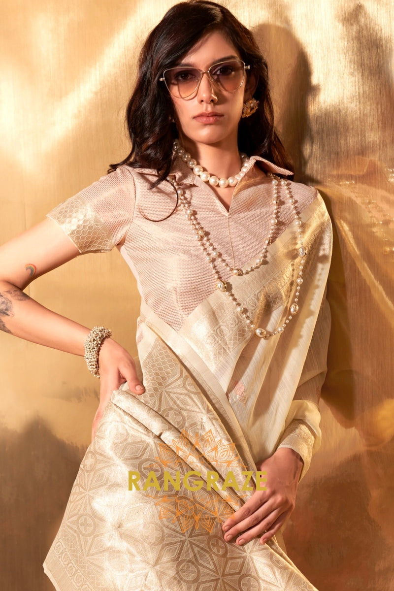 Ivory White Handwoven Linen Banaras Saree