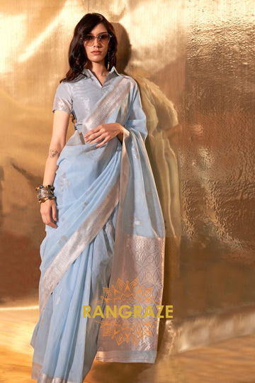 Sky Blue Handwoven Linen Banarasi Silk Saree