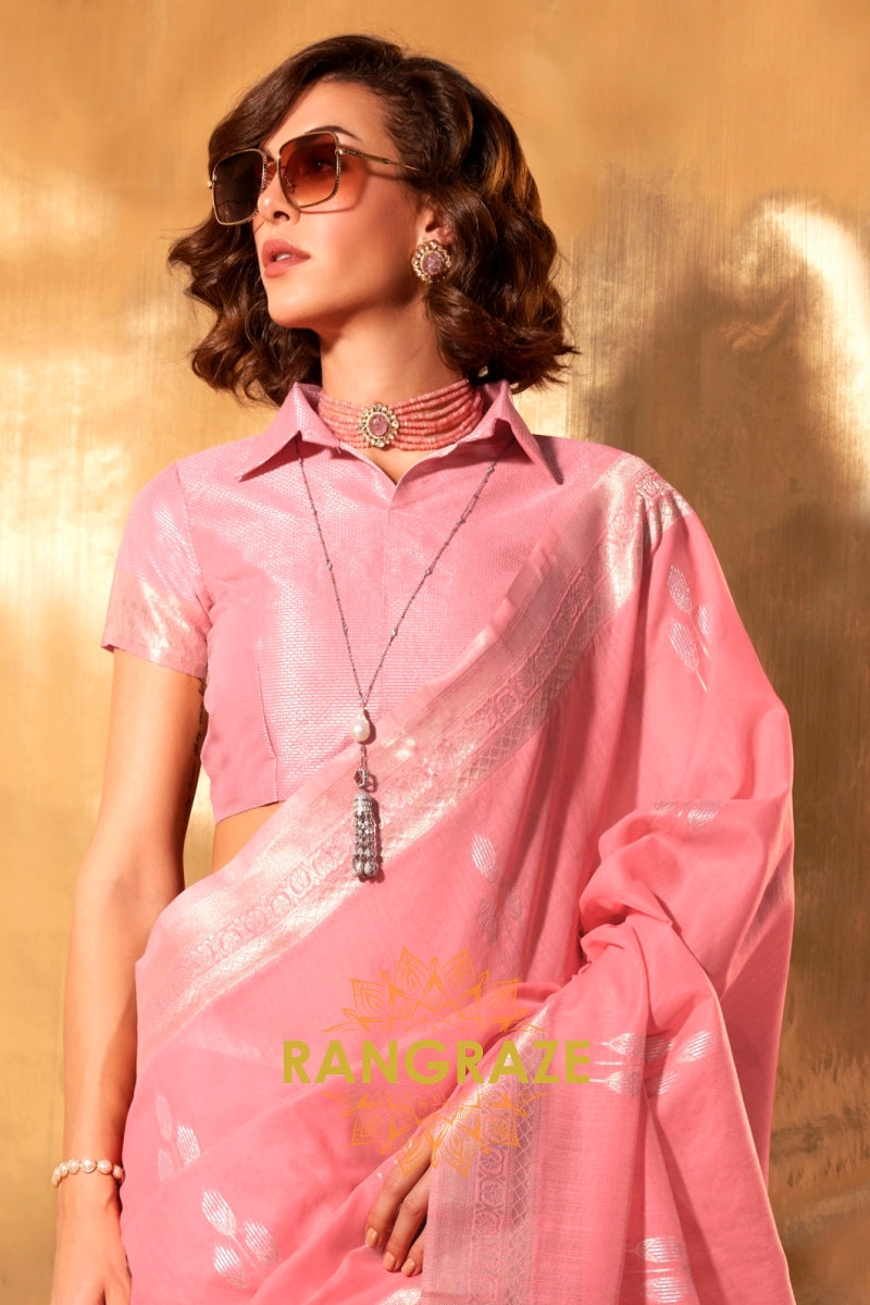 Rose Quartz Handwoven Linen Banarasi Saree
