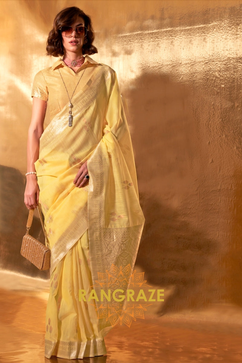 Sunshine Yellow Handwoven Linen Banarasi Saree