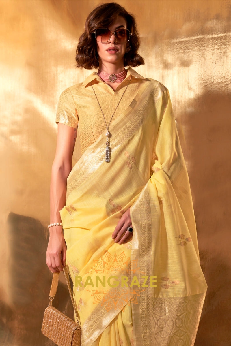 Sunshine Yellow Handwoven Linen Banarasi Saree