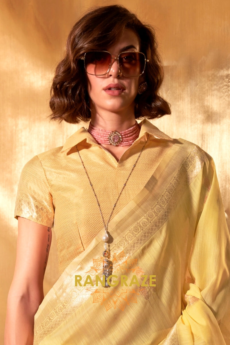 Sunshine Yellow Handwoven Linen Banarasi Saree