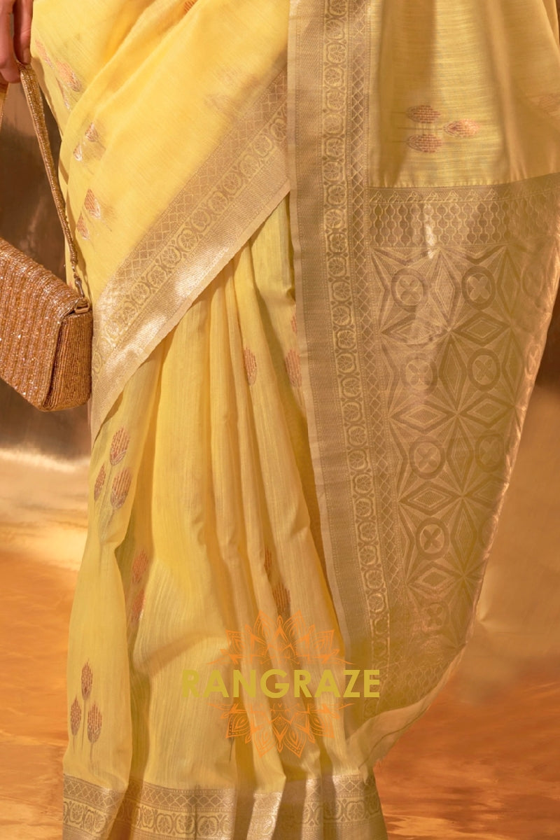 Sunshine Yellow Handwoven Linen Banarasi Saree