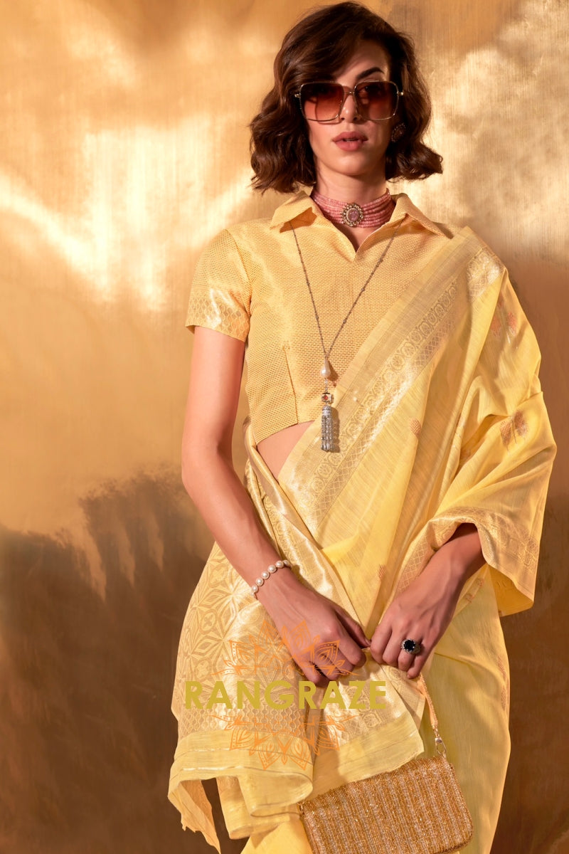 Sunshine Yellow Handwoven Linen Banarasi Saree