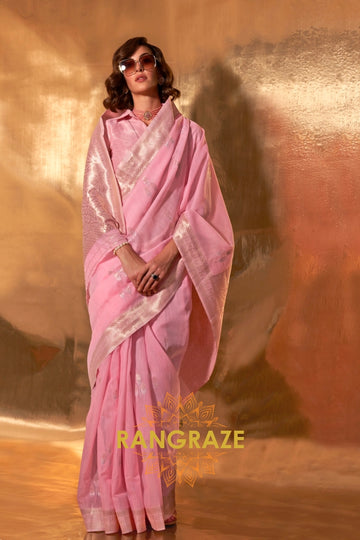 Blush Pink Handwoven Linen Banarasi Silk Saree