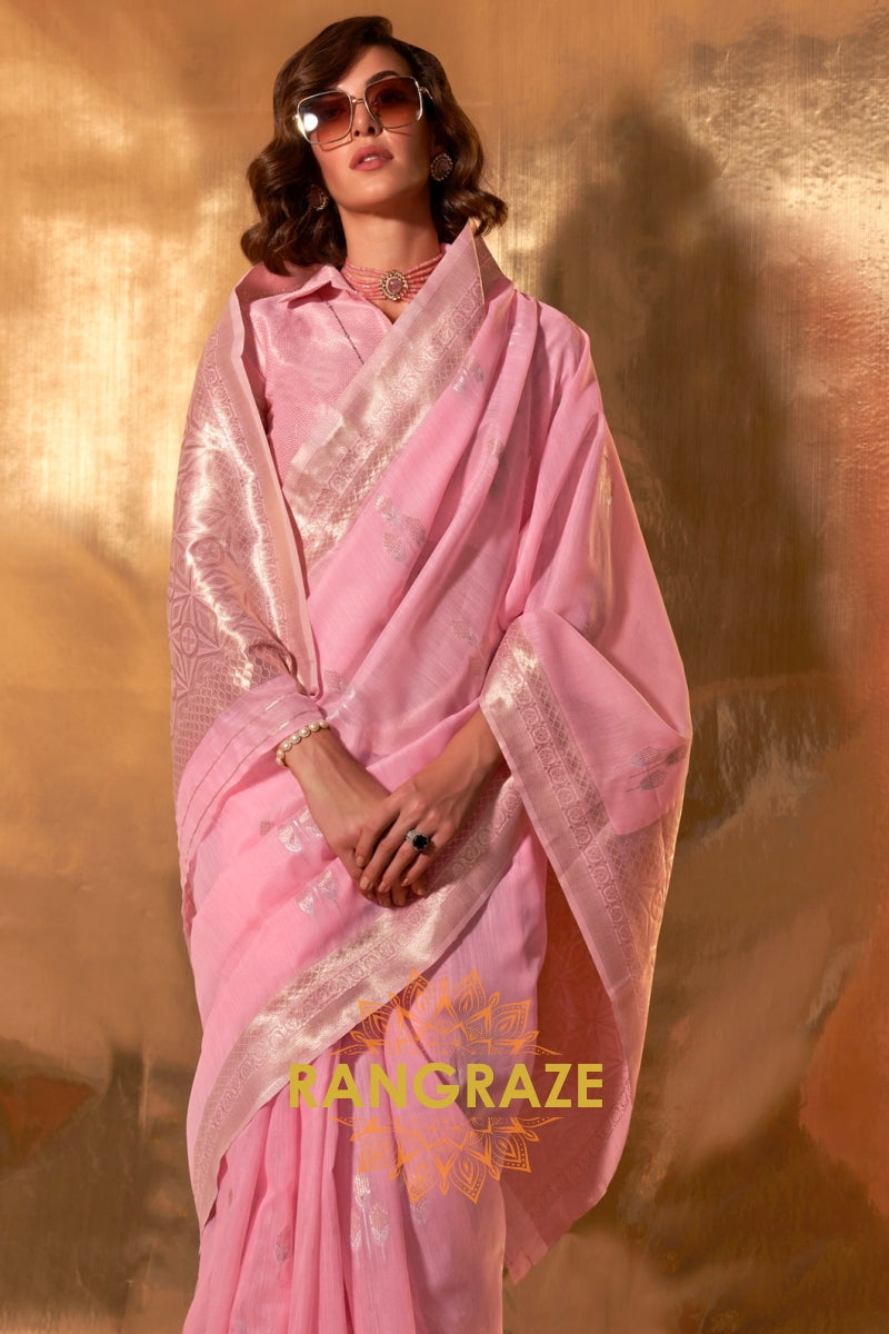 Blush Pink Handwoven Linen Banarasi Saree