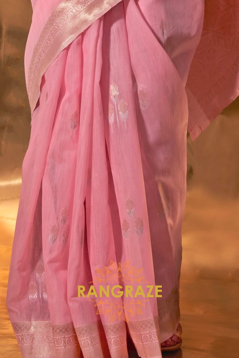Blush Pink Handwoven Linen Banarasi Saree