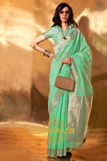 Seafoam Green Handwoven Linen Banarasi Silk Saree