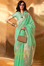 Seafoam Green Handwoven Linen Banarasi Saree