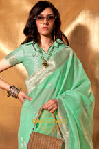 Seafoam Green Handwoven Linen Banarasi Saree