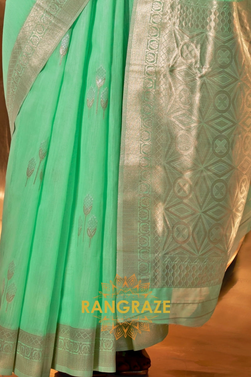 Seafoam Green Handwoven Linen Banarasi Saree