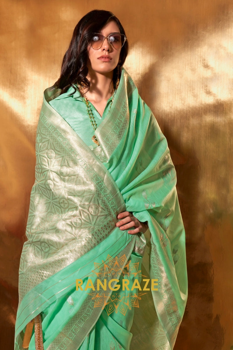 Seafoam Green Handwoven Linen Banarasi Saree