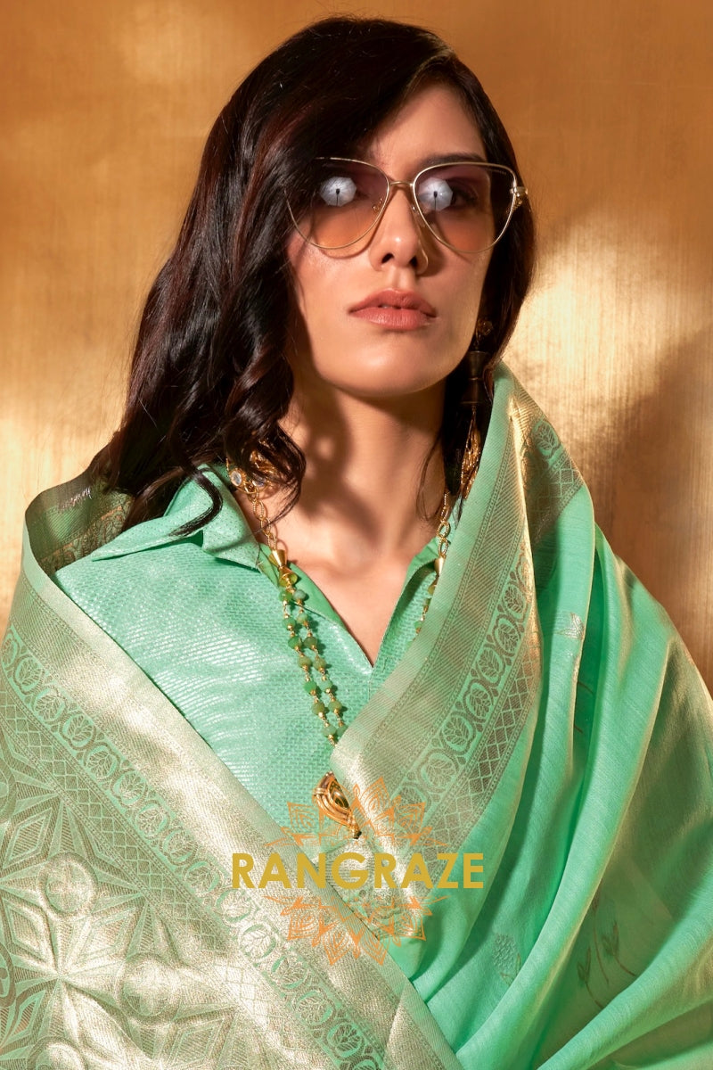 Seafoam Green Handwoven Linen Banarasi Saree