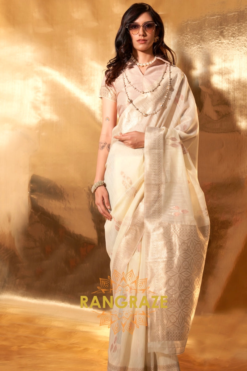 Ivory White Handwoven Linen Banaras Saree