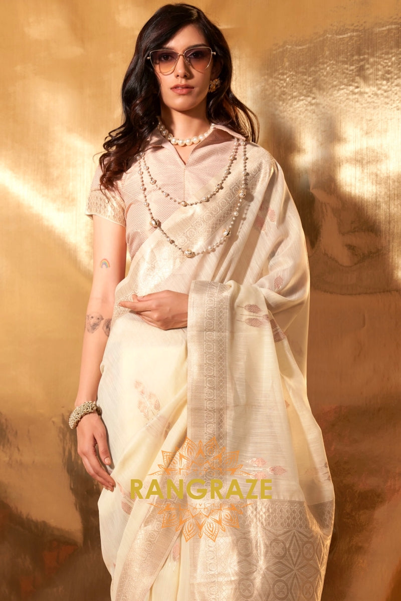 Ivory White Handwoven Linen Banaras Saree