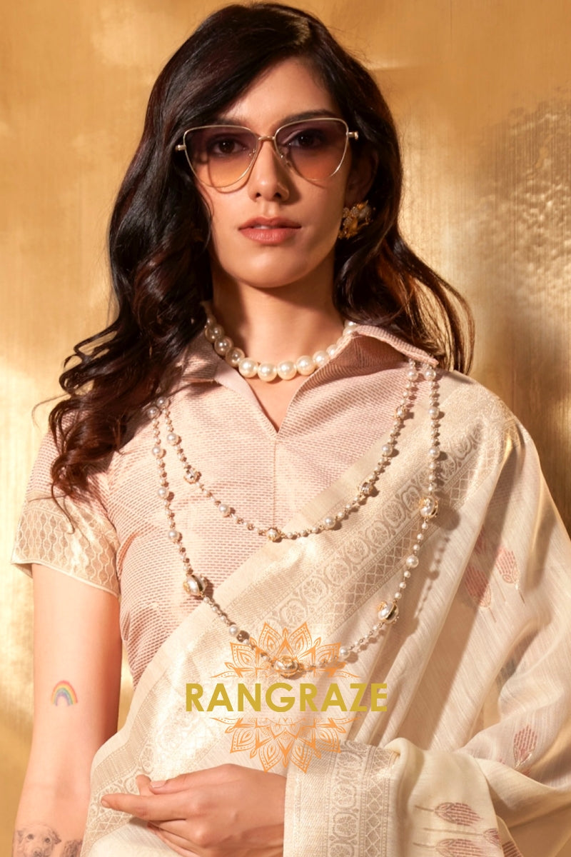 Ivory White Handwoven Linen Banaras Saree