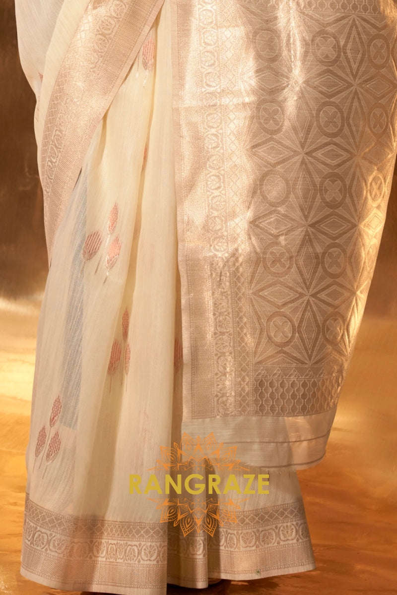 Ivory White Handwoven Linen Banaras Saree