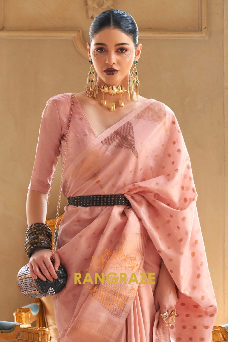 Peach Pink Charming Banarasi Woven Tissue Silk Saree