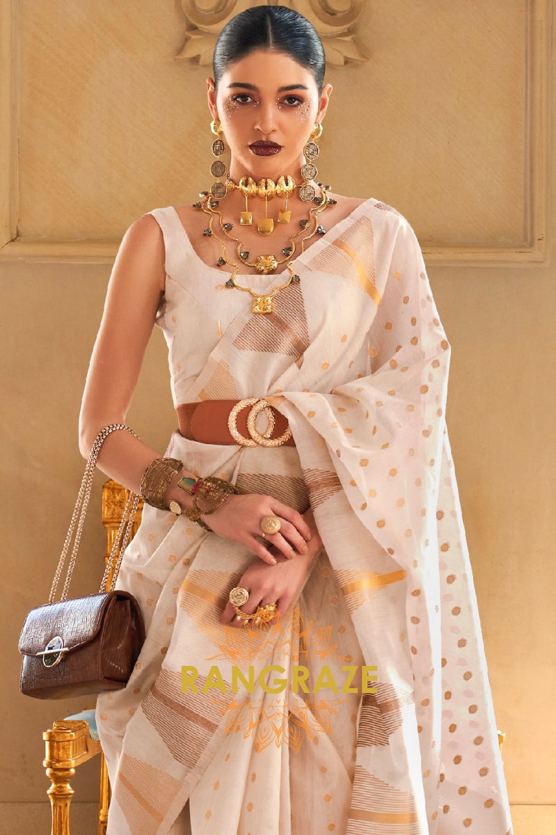 Pearl White Charming Banarasi Woven Tissue Silk Saree
