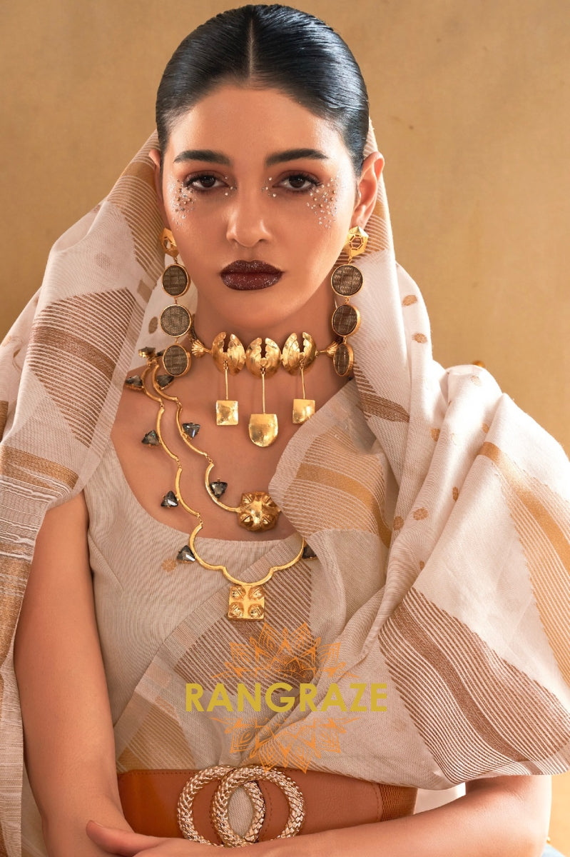 Pearl White Charming Banarasi Woven Tissue Silk Saree