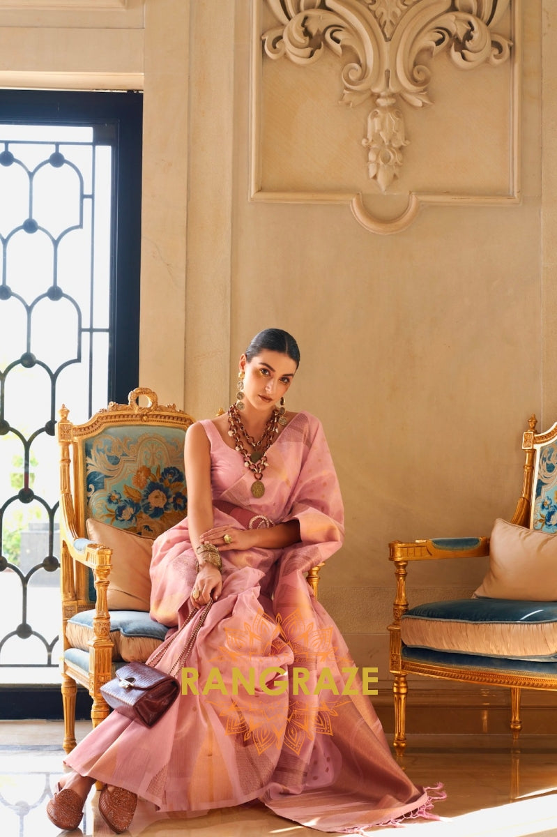 Rose Pink Charming Banarasi Woven Tissue Silk Saree
