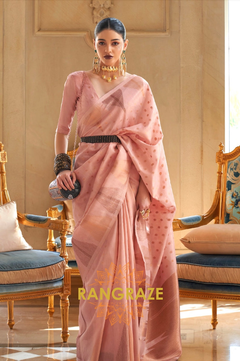 Peach Pink Charming Banarasi Woven Tissue Silk Saree