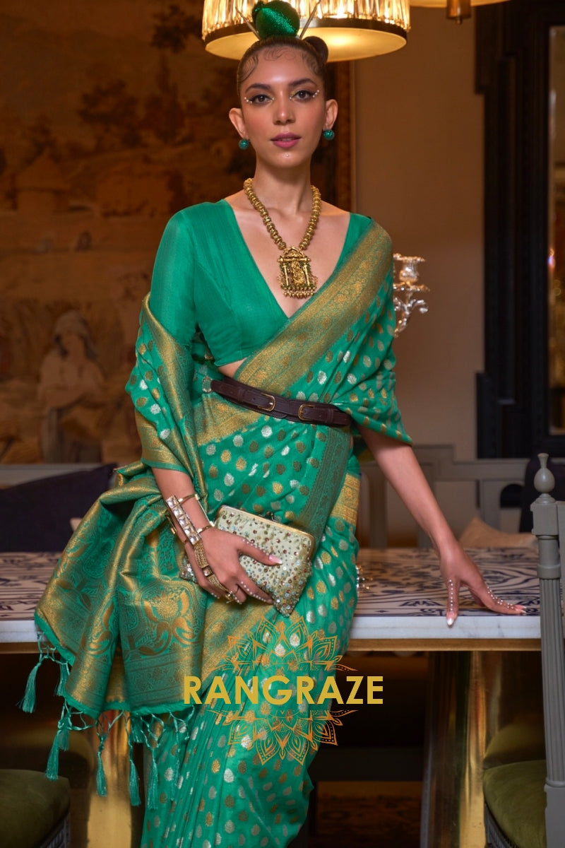 Turquoise Green Woven Banarasi Khadi Silk Saree