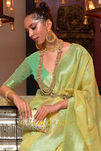 Lime Green Pure Linen Weaving With Contrast Pallu & Blouse