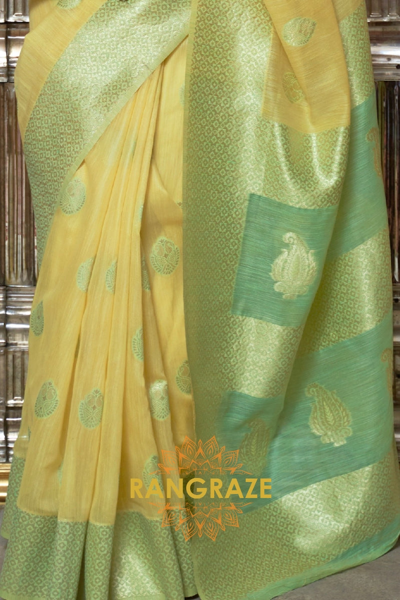 Lime Green Pure Linen Weaving With Contrast Pallu & Blouse