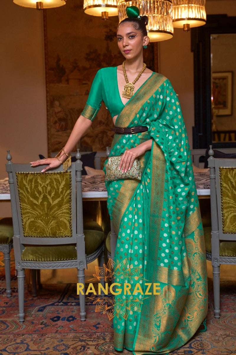 Turquoise Green Woven Banarasi Khadi Silk Saree