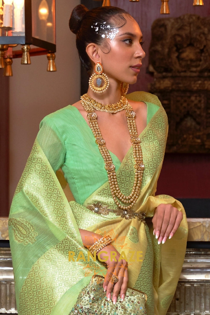 Lime Green Pure Linen Weaving With Contrast Pallu & Blouse