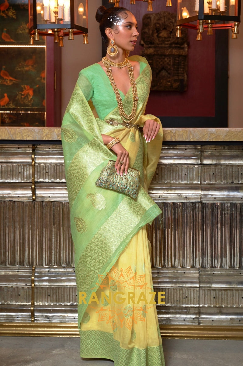 Lime Green Pure Linen Weaving With Contrast Pallu & Blouse