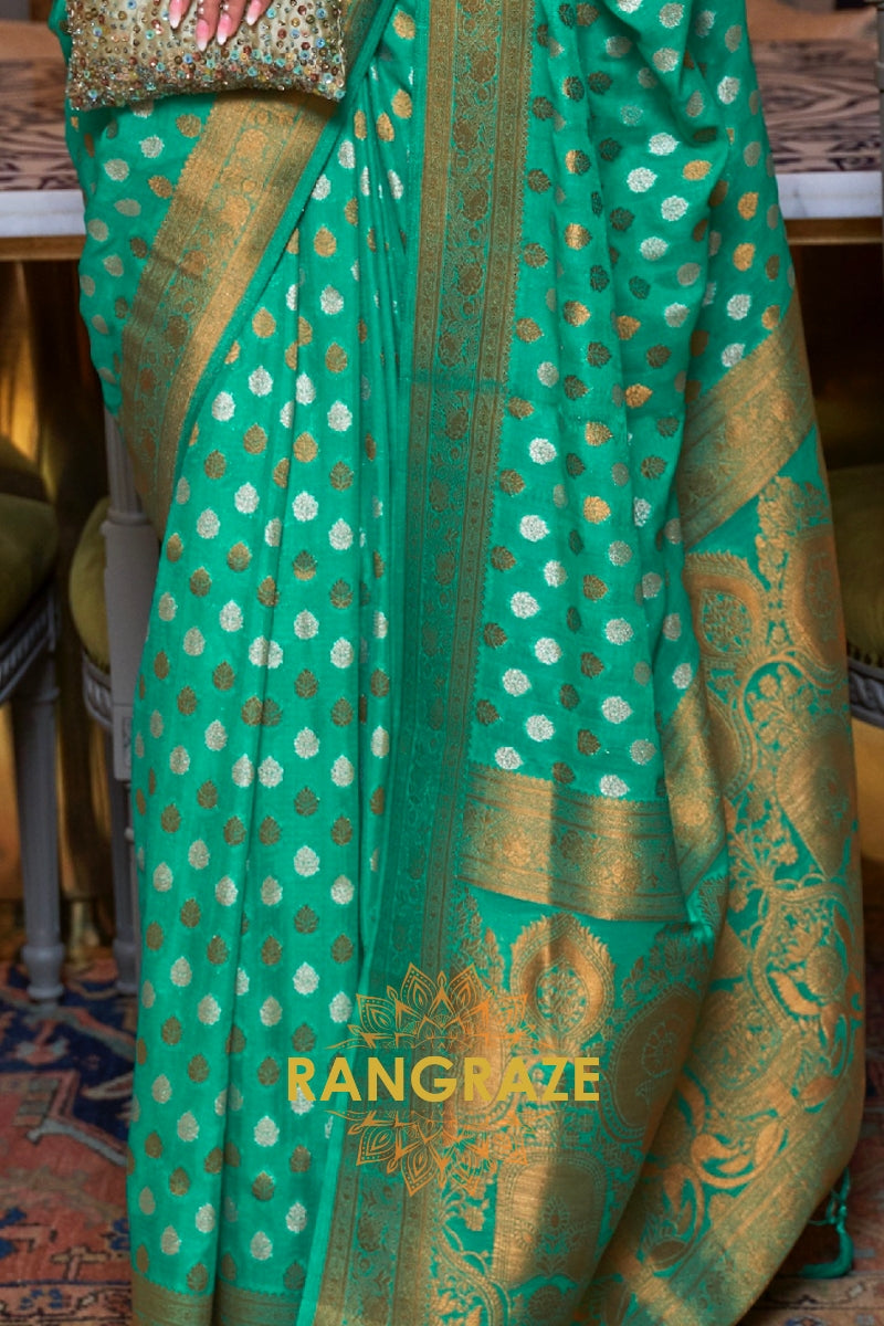 Turquoise Green Woven Banarasi Khadi Silk Saree