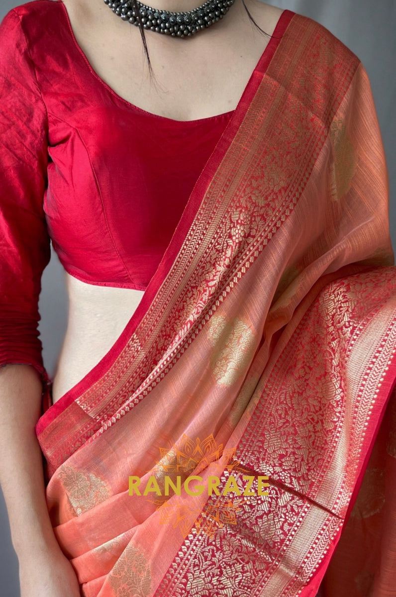 Orange Soft Linen Silk Weaving Saree With Contrast Border And Pallu