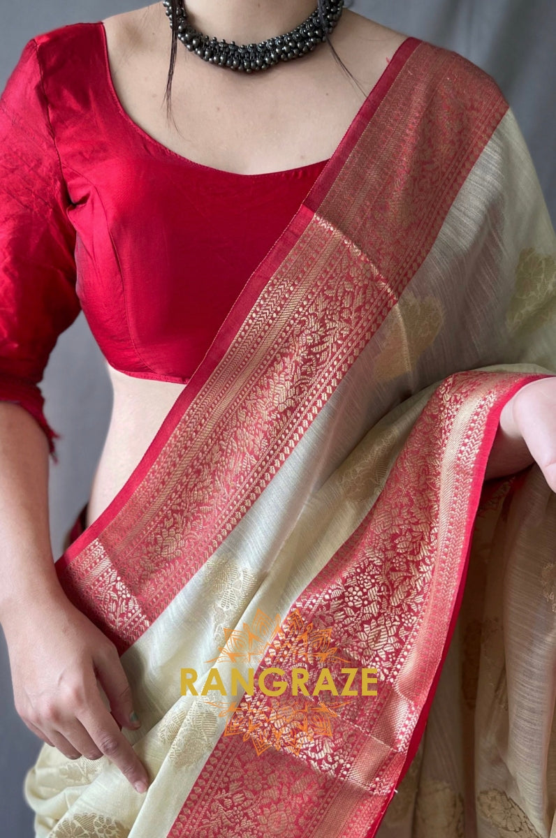 Beige Soft Linen Silk Weaving Saree With Contrast Border And Pallu