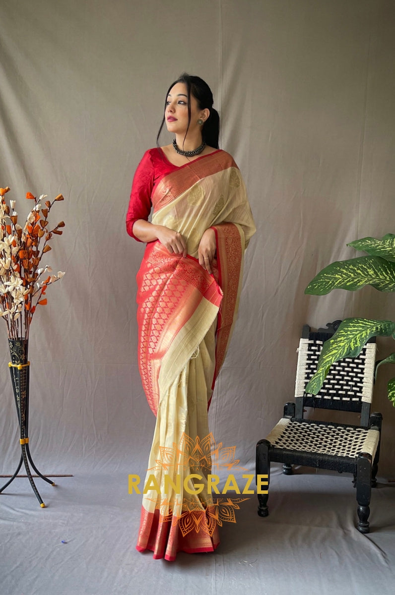 Beige Soft Linen Silk Weaving Saree With Contrast Border And Pallu